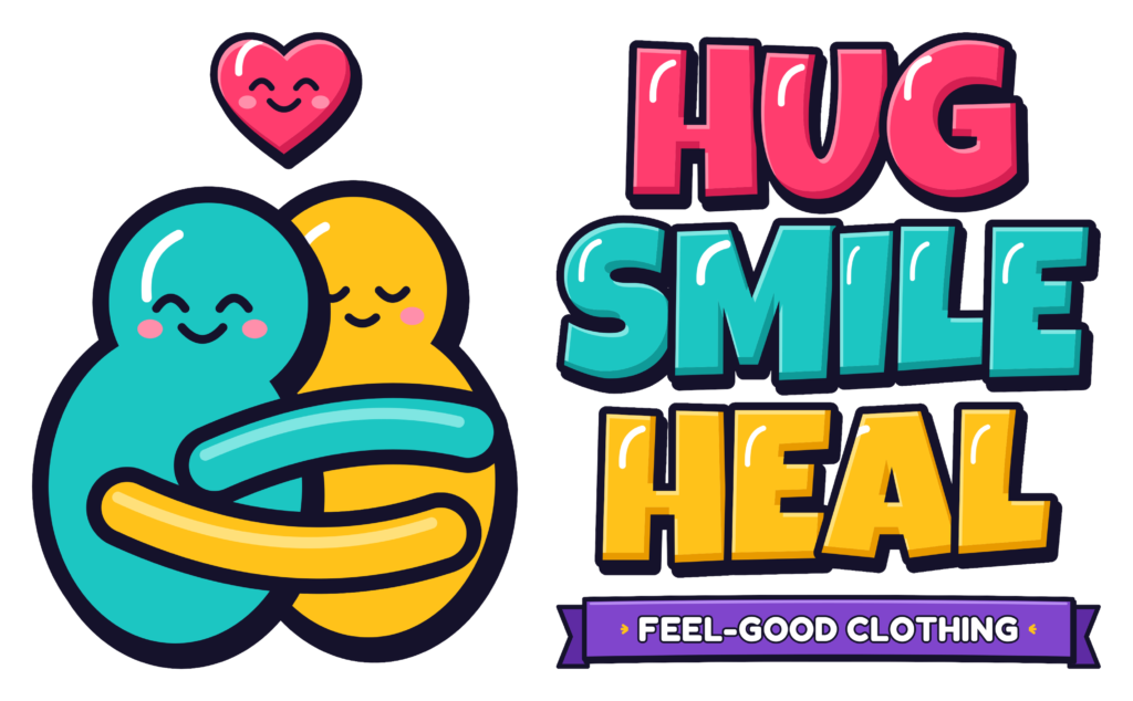 Hug · Smile · Heal logo with cute round blob characters hugging